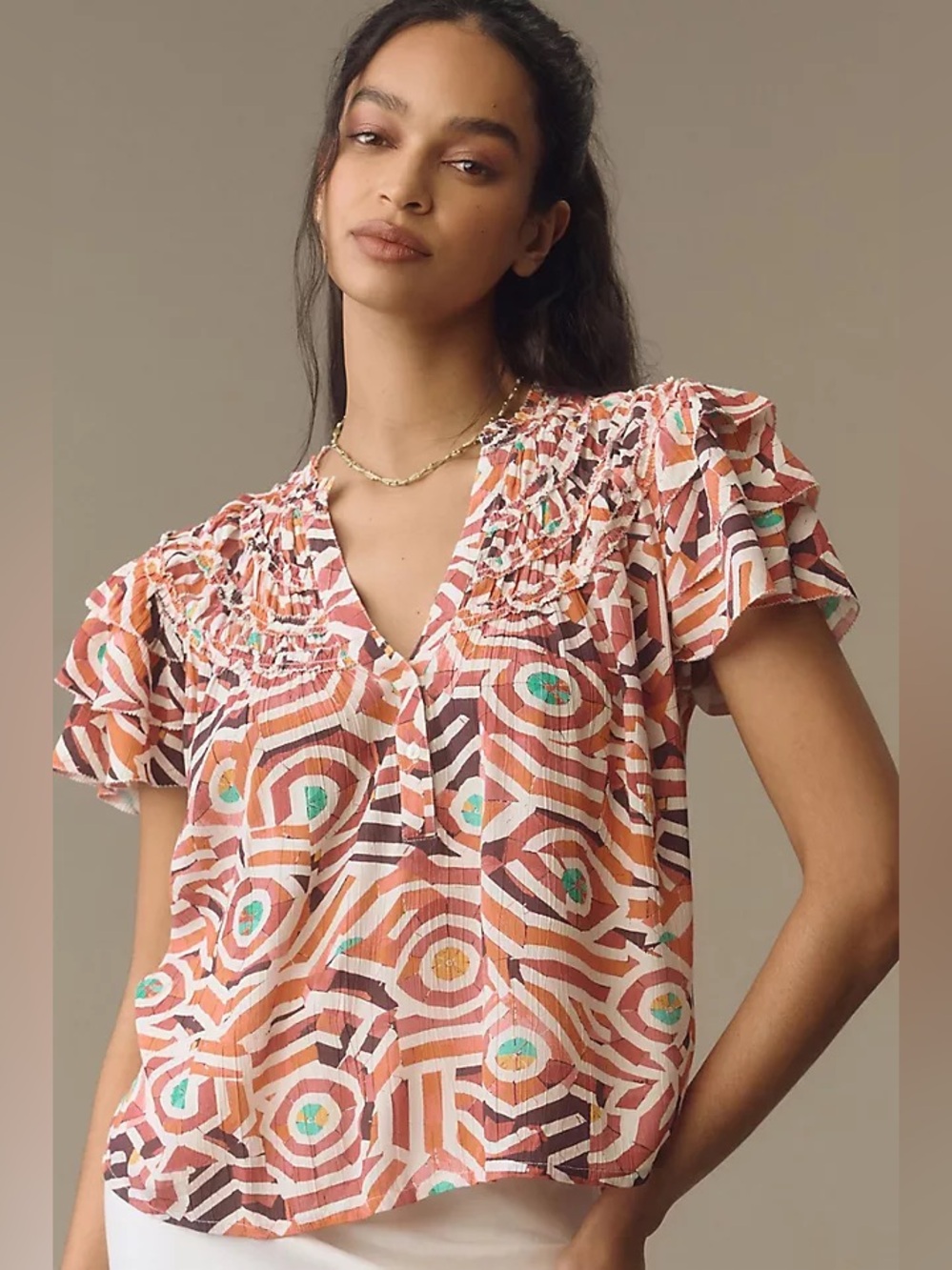 Maeve Anthropologie Short-Sleeve Ruffle Yoke Blouse